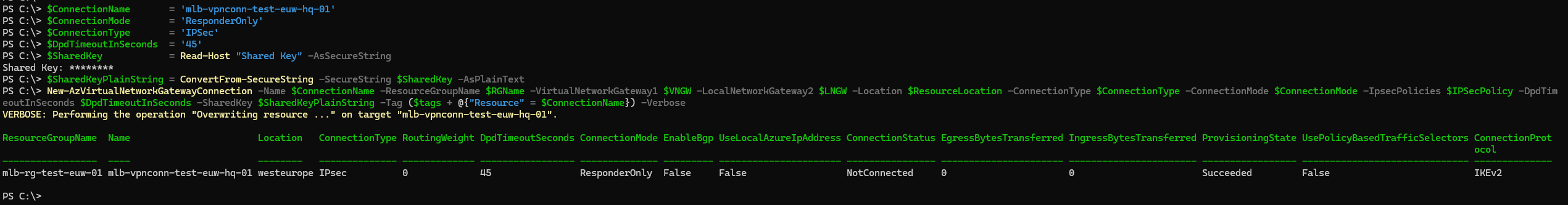 Azure Powershell - Create Network Gateway connection