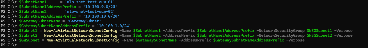 Azure Powrshell - Config subnets for Vnet