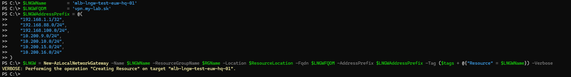 Azure Powershell - Create Local Network Gateway (LNG)